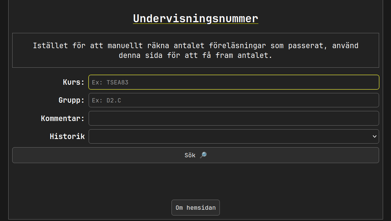 Skärmdump från undervisningsnummer